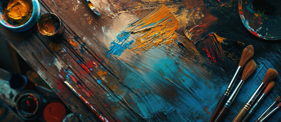 An artist's palette alive with strokes of blue and gold, brushes at the ready, a symphony of creativity and color