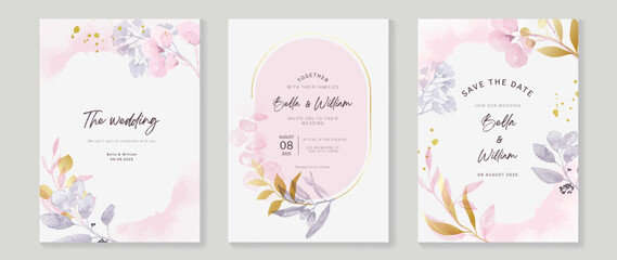 Fototapeta na wymiar Luxury wedding invitation card background with golden glitter flower and botanical leaves, frame, watercolor texture. Abstract art background vector design for wedding and vip cover template.