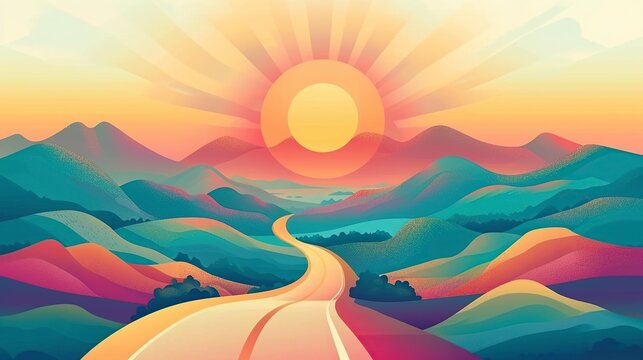 illustration of a retro style psychedelic landscape with vivid colors