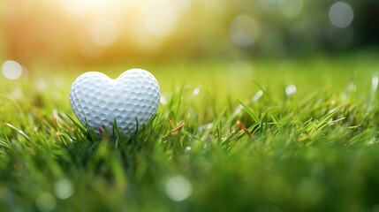 Valentine's day white heart shaped golf ball on green grass background banner, copy space