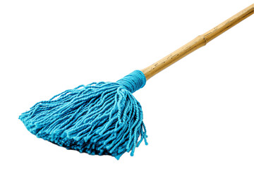 White isolated broom and shovel, with red scarf and blue tassel, used for sweeping and cleaning floors in a tidy house