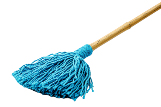 White isolated broom and shovel, with red scarf and blue tassel, used for sweeping and cleaning floors in a tidy house