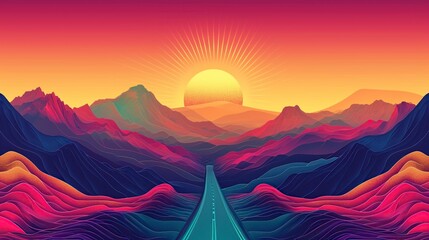 Fototapeta na wymiar illustration of a retro style psychedelic landscape with vivid colors