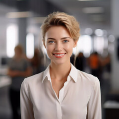 Fototapeta premium Happy young business woman portrait in office. Generative ai design.