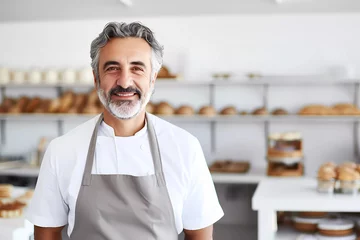 Rolgordijnen Baker man mid age in bakery background. Generative ai design. © PicItUp