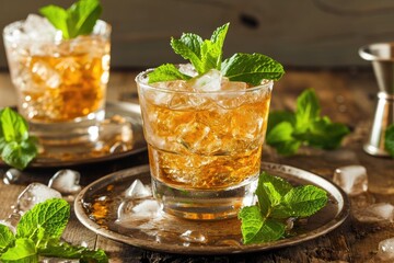 Refreshing Classic Mint Julep with Mint and Bourbon - obrazy, fototapety, plakaty
