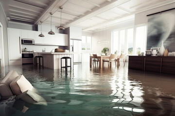 Ecological disaster destructive flood in residential private house in room. - obrazy, fototapety, plakaty