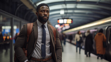 Fototapeta premium Afroamerican man standing on platform and waiting for the transport