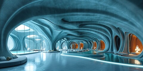 Carved blue concrete hotel interior. Generative AI.