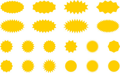 Starburst yellow sticker set - collection of special offer sale oval and round shaped sunburst labels and badges. Promo stickers with star edges. Vector.