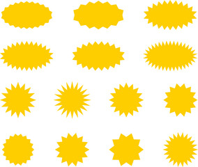 Starburst yellow sticker set - collection of special offer sale oval and round shaped sunburst labels and badges. Promo stickers with star edges. Vector.