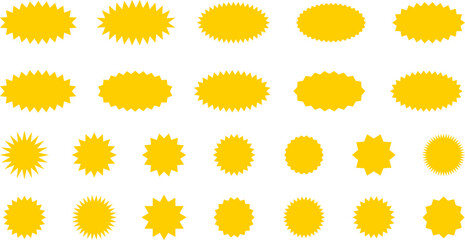 Starburst yellow sticker set - collection of special offer sale oval and round shaped sunburst labels and badges. Promo stickers with star edges. Vector.