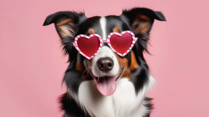 Dog in glasses in the shape of a heart on a pink background. Valentines Day.