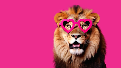 Banner. Lion in glasses in the shape of a heart on a pink background Valentines Day.