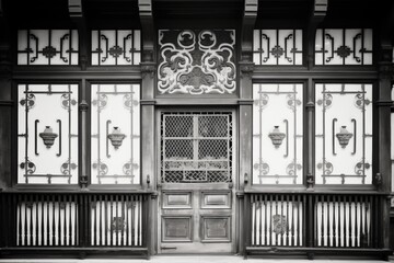 black and white tudor mansion door with ironwork