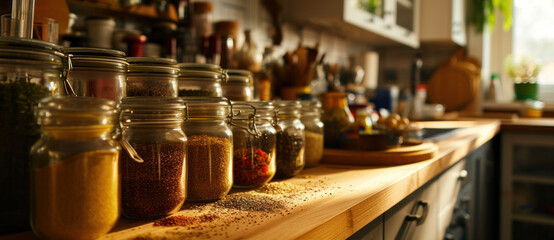Fototapeta premium Sunlight filters through a kitchen, illuminating jars of spices on a wooden countertop, the heart of home-cooked flavor.
