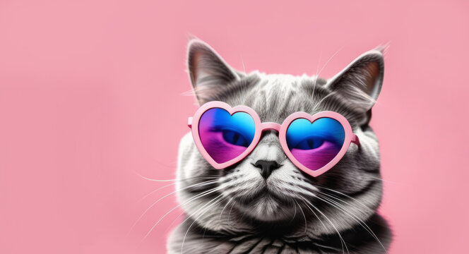 Gray cat in glasses in the shape of a heart on a pink background Valentines Day.