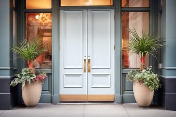elegant door with brass handle, flanked by planters