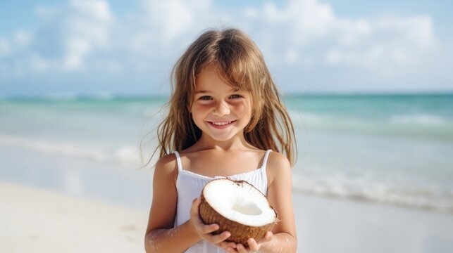 Little Girl Drinking Coconut Cocktail On Tropical Beach - Beach Holidays. ai generated