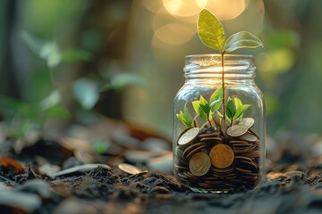 Coins and plants growing in jars, Conquering Financial Struggles and Debt. Generative AI.