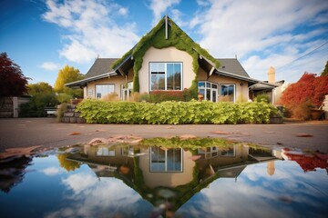 Fototapeta premium cottage with ivy reflected in pond