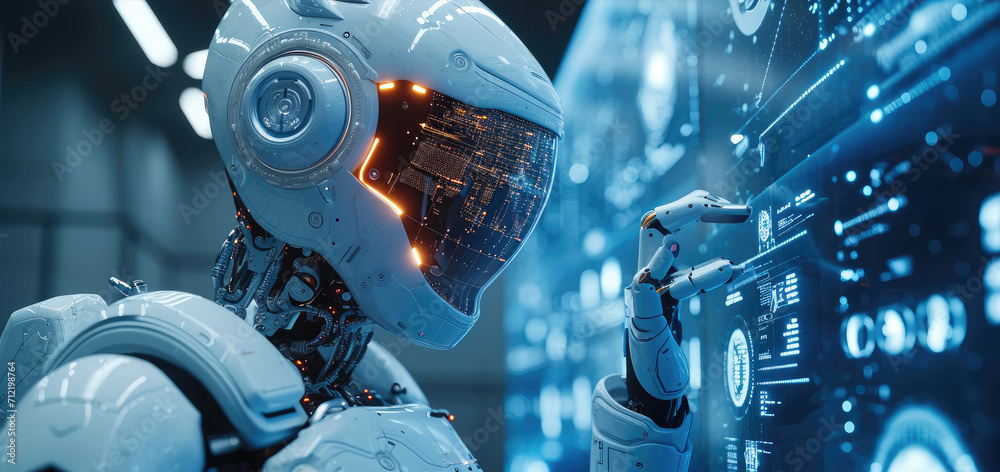 Aufkleber The simulation robot pointed at the large screen and introduced complex data. Generative AI.