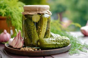 Preserved homemade gherkins with fresh dill canned in a glass jar