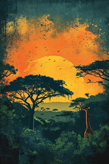 Giraffe silhouette at sunset in savanna. Grunge textured illustration. African wildlife and travel concept. Design for poster, print