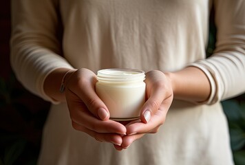 A woman shows off a bottle of cosmetic cream for perfectly well-groomed youthful skin of the body or face.