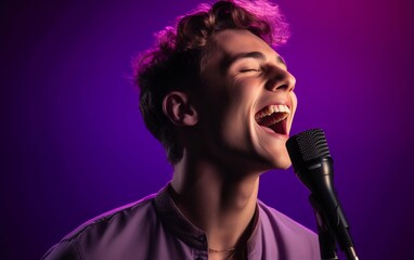 Young man sings karaoke on the purple background. Emotional performance of songs. Karaoke club