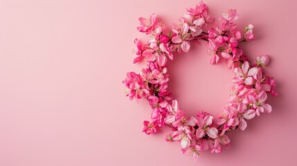 Flowers composition. Wreath made of pink flowers on pink background. Flat lay, top view, copy space