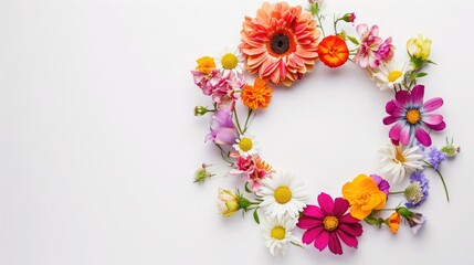 Flowers composition. Wreath made of various colorful flowers on white background. Easter, spring, summer concept. Flat lay, top view, copy space