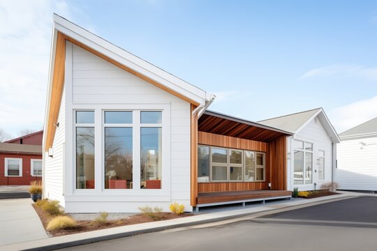 minimal saltbox exterior with asymmetrical windows