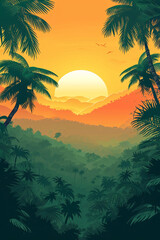 Tropical sunset with palm trees. Vibrant landscape illustration. Travel and nature concept. Design for poster, print