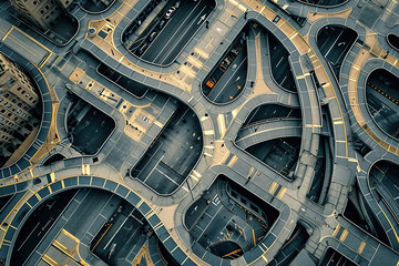 Abstract patterns formed by urban infrastructure and architecture.