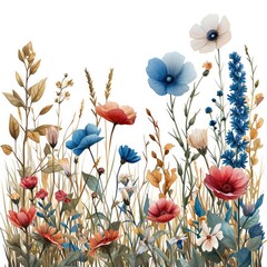 Watercolor wild flowers and long leaves tones on pure white background. Generative AI.