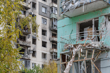Residential building destroyed by military actions in Ukraine.