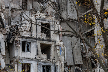 Residential building destroyed by military actions in Ukraine.