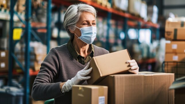 Older mature female online store small business owner worker wearing face mask packing package scanning postal drop shipping ecommerce retail order in box preparing delivery parcel in stock warehouse.
