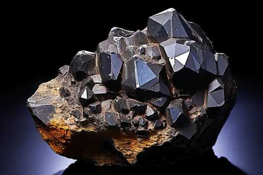 Augite is a rare precious natural stone on a black background. AI generated. Header banner mockup with space.