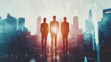 Silhouettes of three confident managers standing together in blurry abstract city with double exposure of cityscape and their team. Concept of leadership and international business. Toned image - obrazy, fototapety, plakaty
