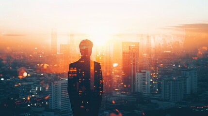 Fototapeta na wymiar The double exposure image of the business man standing back during sunrise overlay with cityscape image. The concept of modern life, business, city life and internet of things