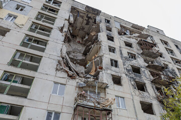 Residential building destroyed by military actions in Ukraine.