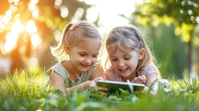Two little sisters lying on grass outdoors and playing on digital tablet