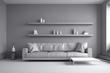 Conceptual room design in grayscale with sofa and shelf. Idea for a mood board, featuring grey materials. Mockup of a 3D rendering. Generative AI