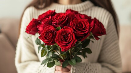 Woman holding luxury bouquet of fresh red roses on light background, closeup