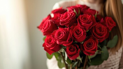 Woman holding luxury bouquet of fresh red roses on light background, closeup