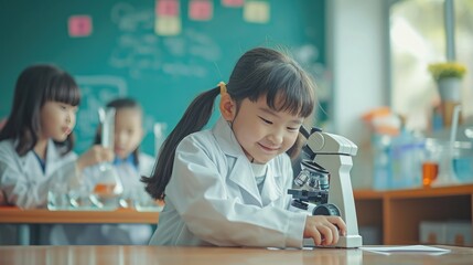 Young Asian kids wearing white scientist gown and using microscope while study and learning in science classroom with teacher. Young children education concept by experiment, fun and enjoy class.