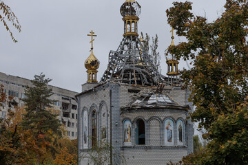 Fototapeta na wymiar Church destroyed by military actions in Ukraine.