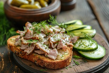 Traditional sandwich with lard cracklings onion and dill - obrazy, fototapety, plakaty